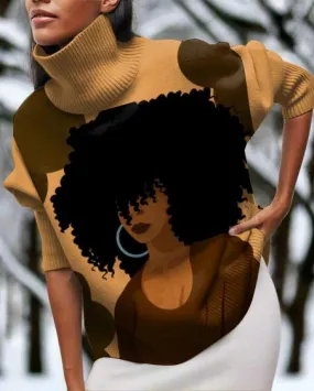 Afro Woman Illustration High Neck Long Sleeve Top
