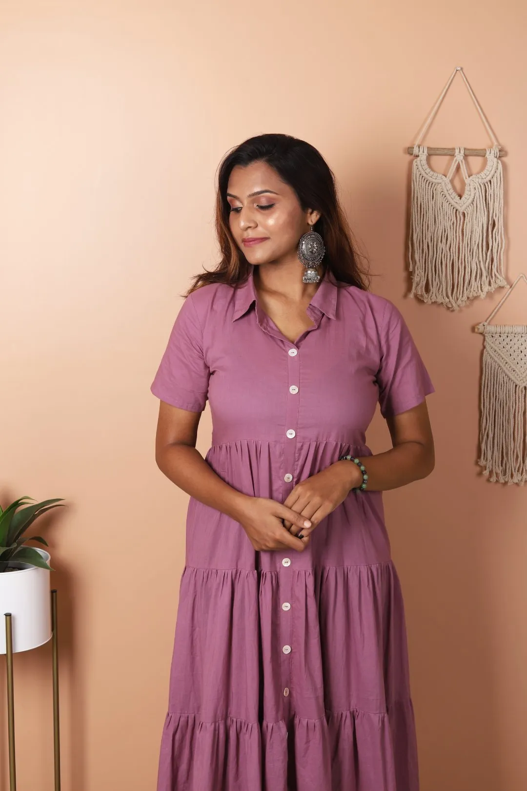 Amethyst - Mauve Tiered Midi Shirt Dress
