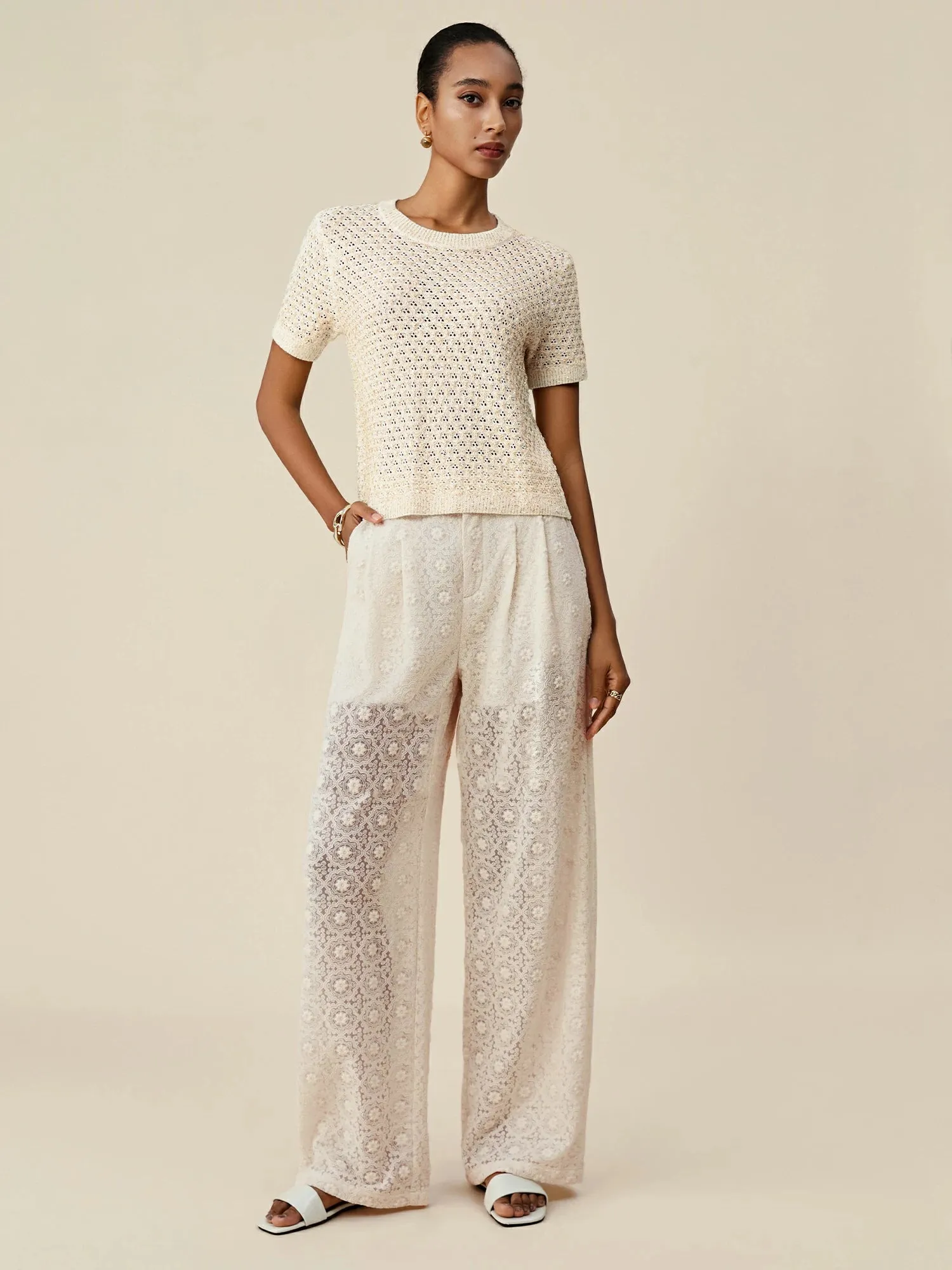 Amoretu Mulberry Silk Openwork Sequin Knitted T-Shirt
