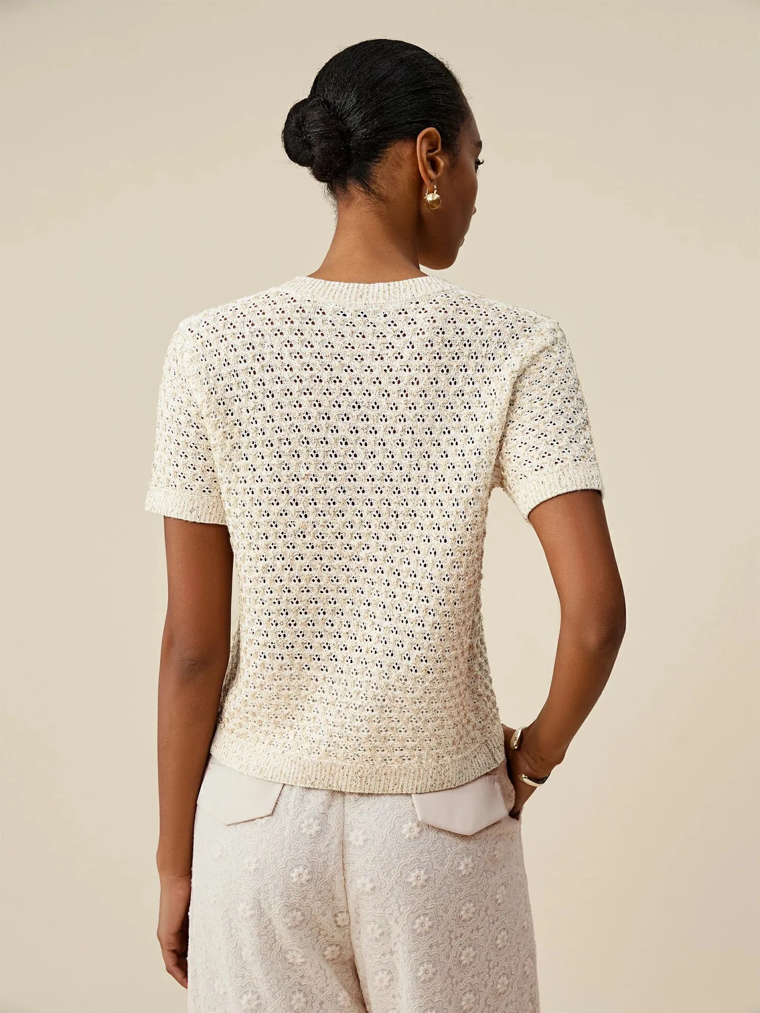 Amoretu Mulberry Silk Openwork Sequin Knitted T-Shirt