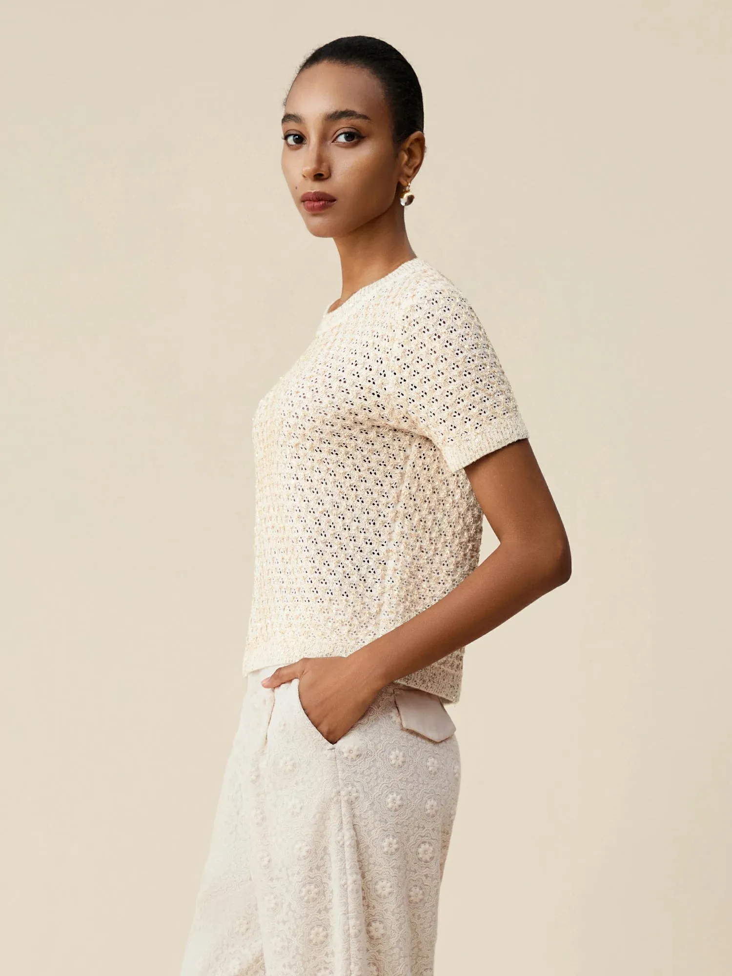 Amoretu Mulberry Silk Openwork Sequin Knitted T-Shirt