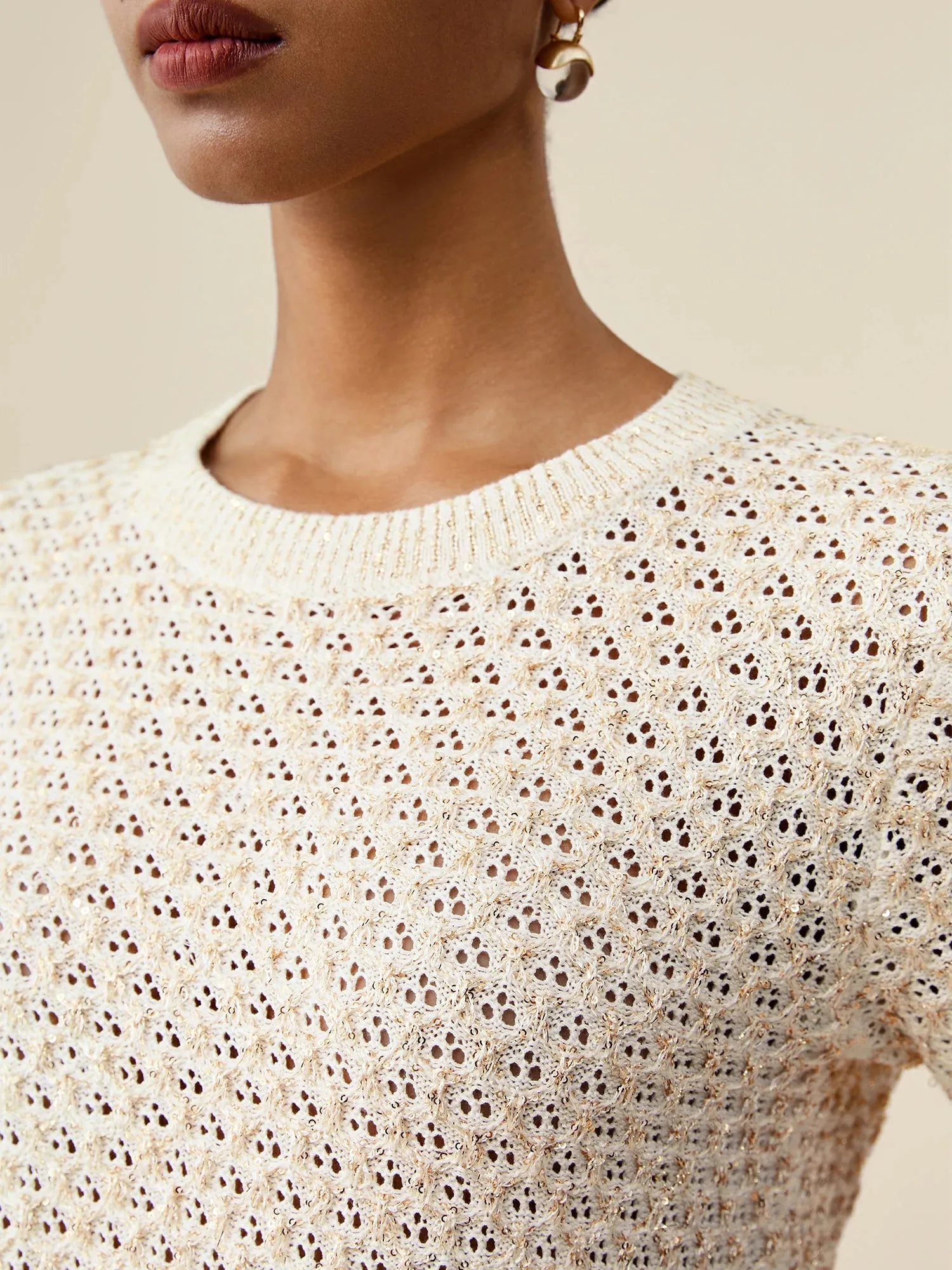 Amoretu Mulberry Silk Openwork Sequin Knitted T-Shirt