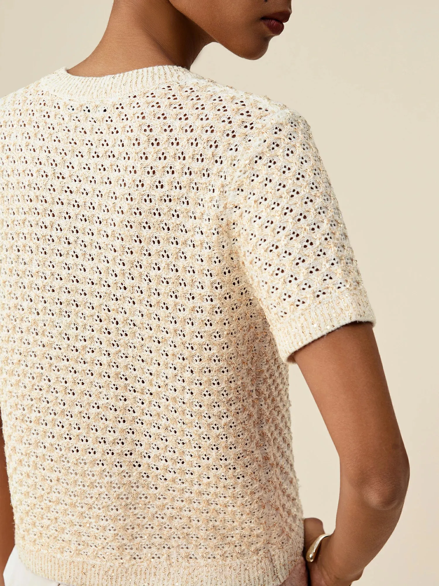 Amoretu Mulberry Silk Openwork Sequin Knitted T-Shirt