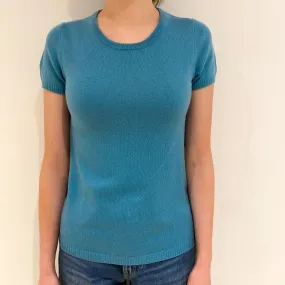 Aqua Blue Cashmere Short Sleeve Crew Neck Jumper Extra Small