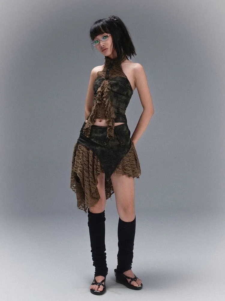 Asymmetry Pleats Belt Leather Mini-Skirt