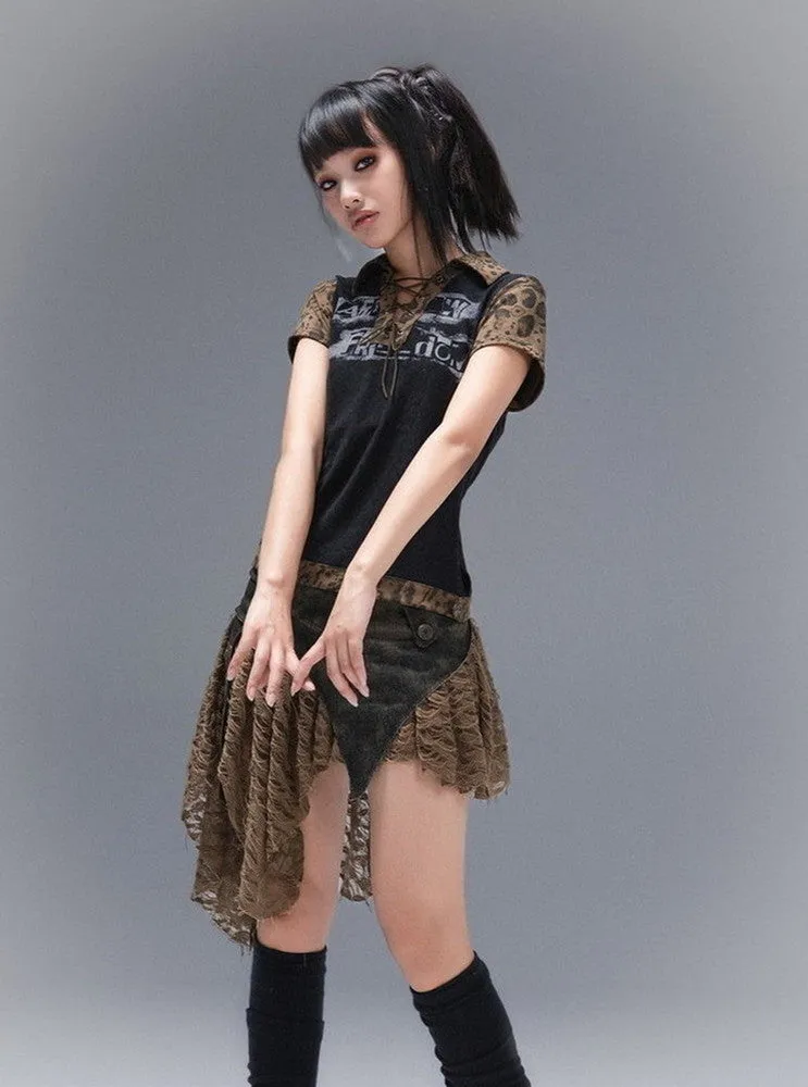 Asymmetry Pleats Belt Leather Mini-Skirt