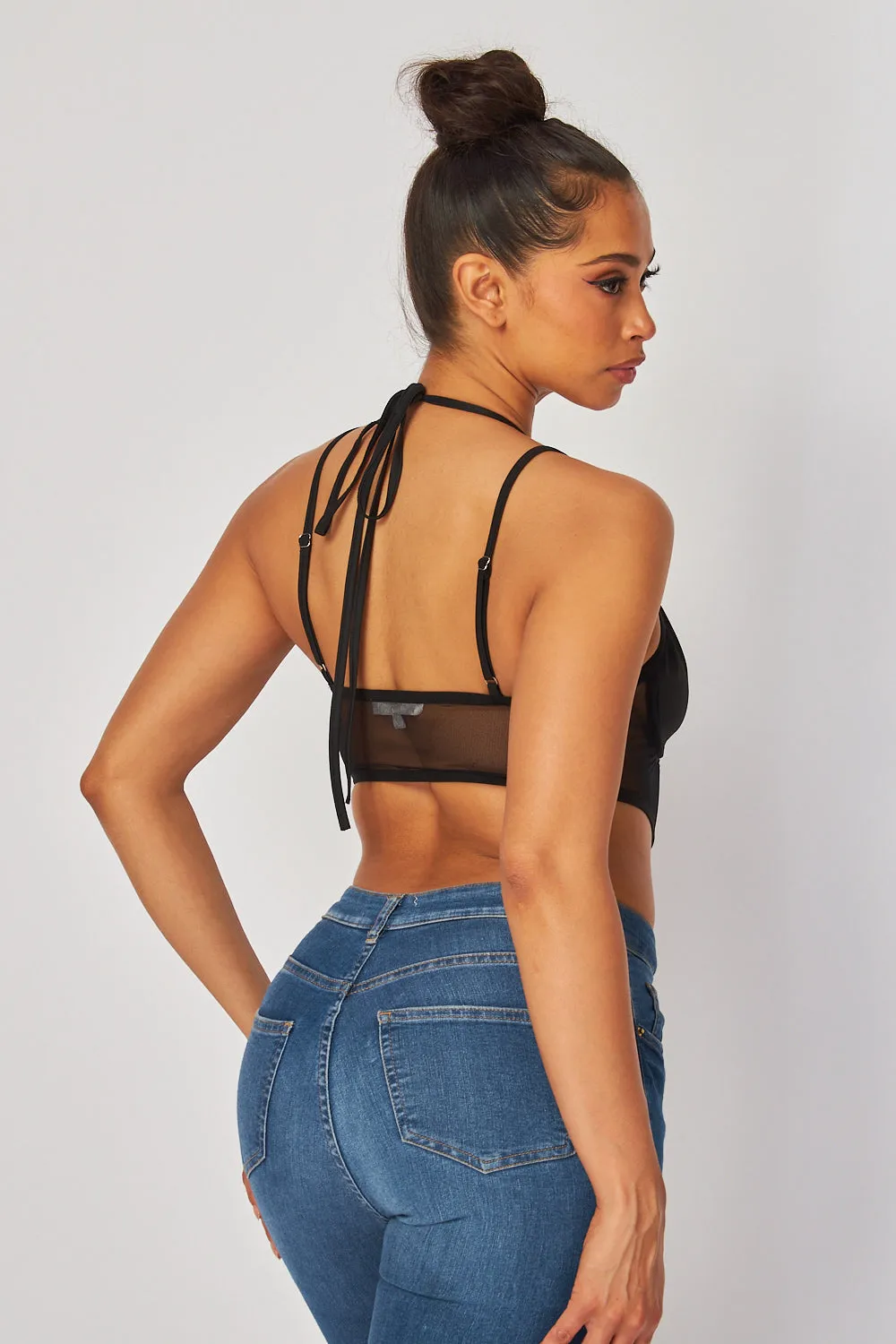 Audrey Double Strap Mesh Halter Buster Crop Top