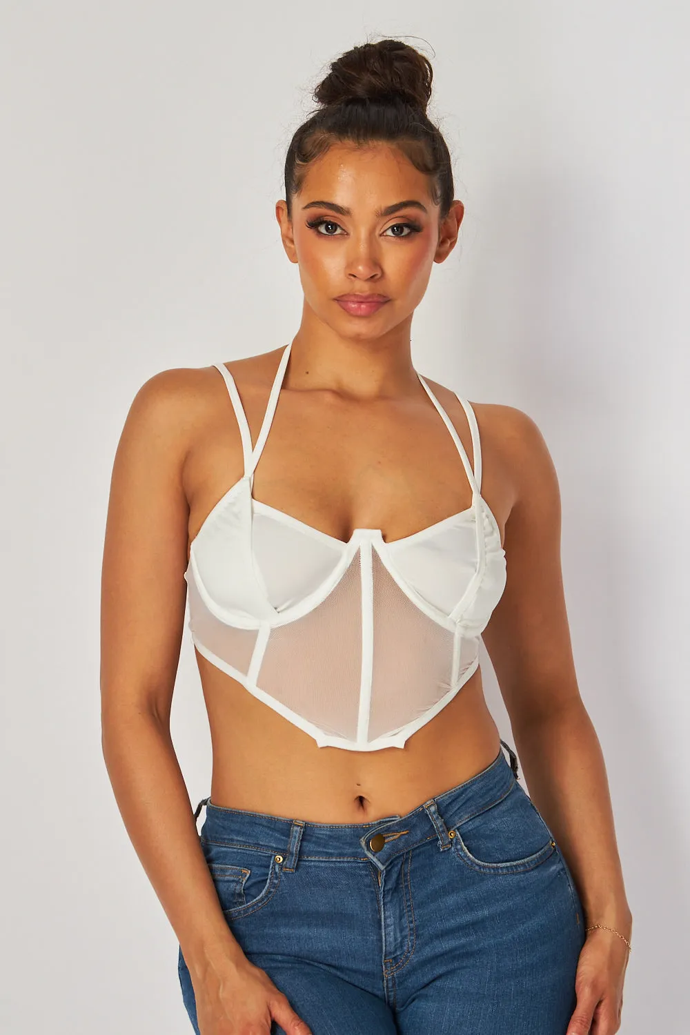 Audrey Double Strap Mesh Halter Buster Crop Top