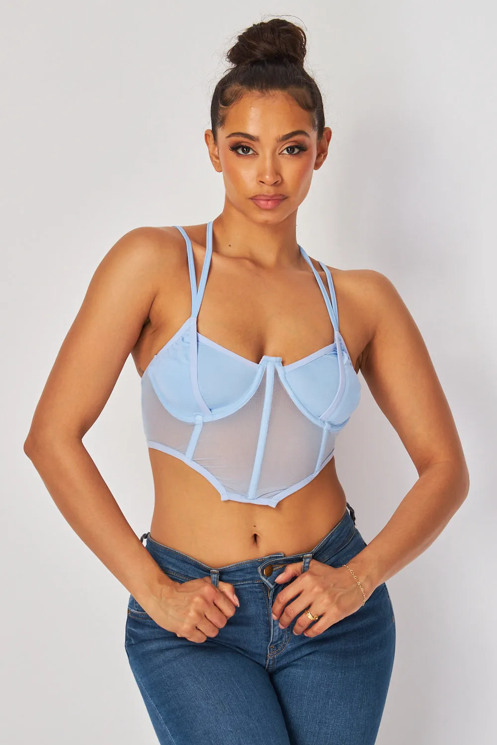 Audrey Double Strap Mesh Halter Buster Crop Top