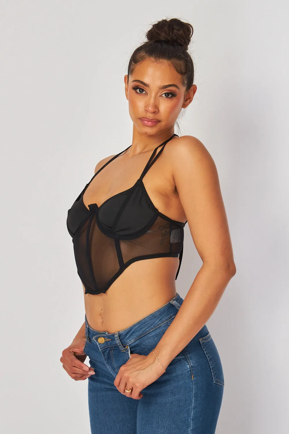 Audrey Double Strap Mesh Halter Buster Crop Top