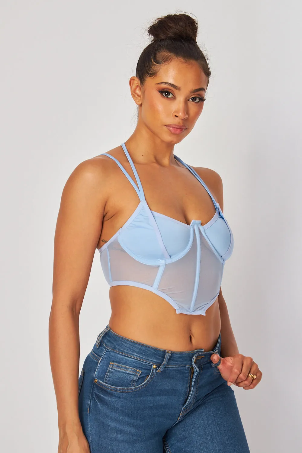 Audrey Double Strap Mesh Halter Buster Crop Top