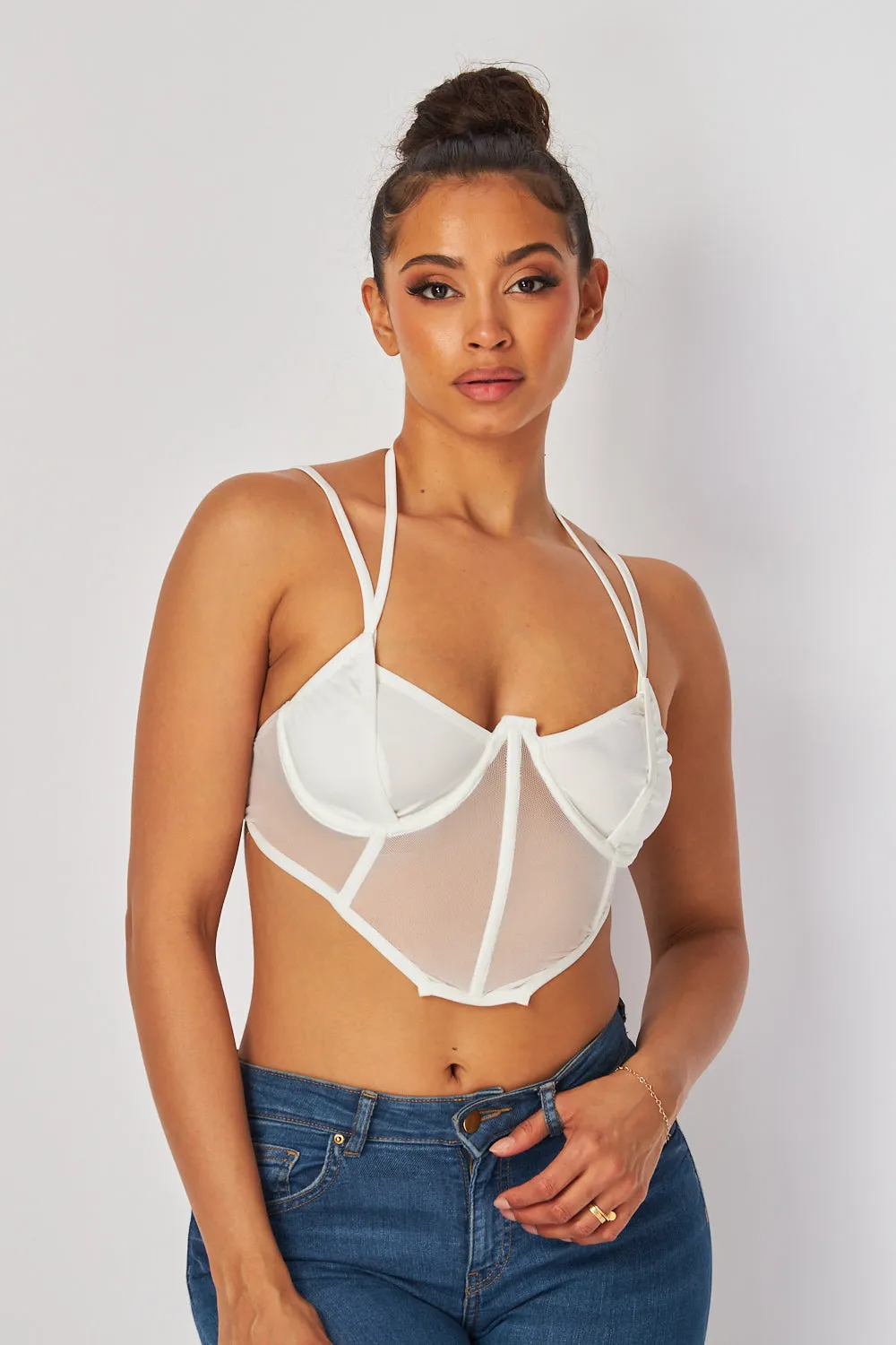 Audrey Double Strap Mesh Halter Buster Crop Top