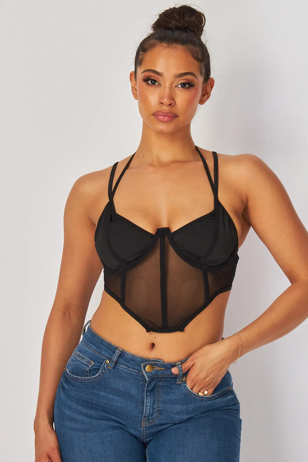 Audrey Double Strap Mesh Halter Buster Crop Top