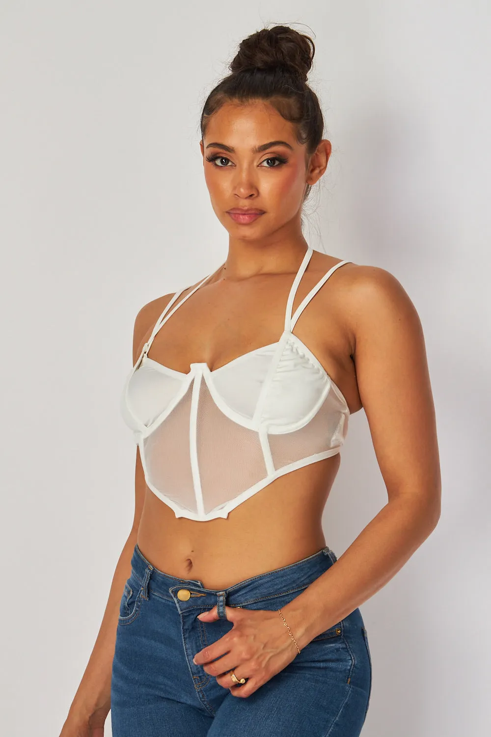 Audrey Double Strap Mesh Halter Buster Crop Top