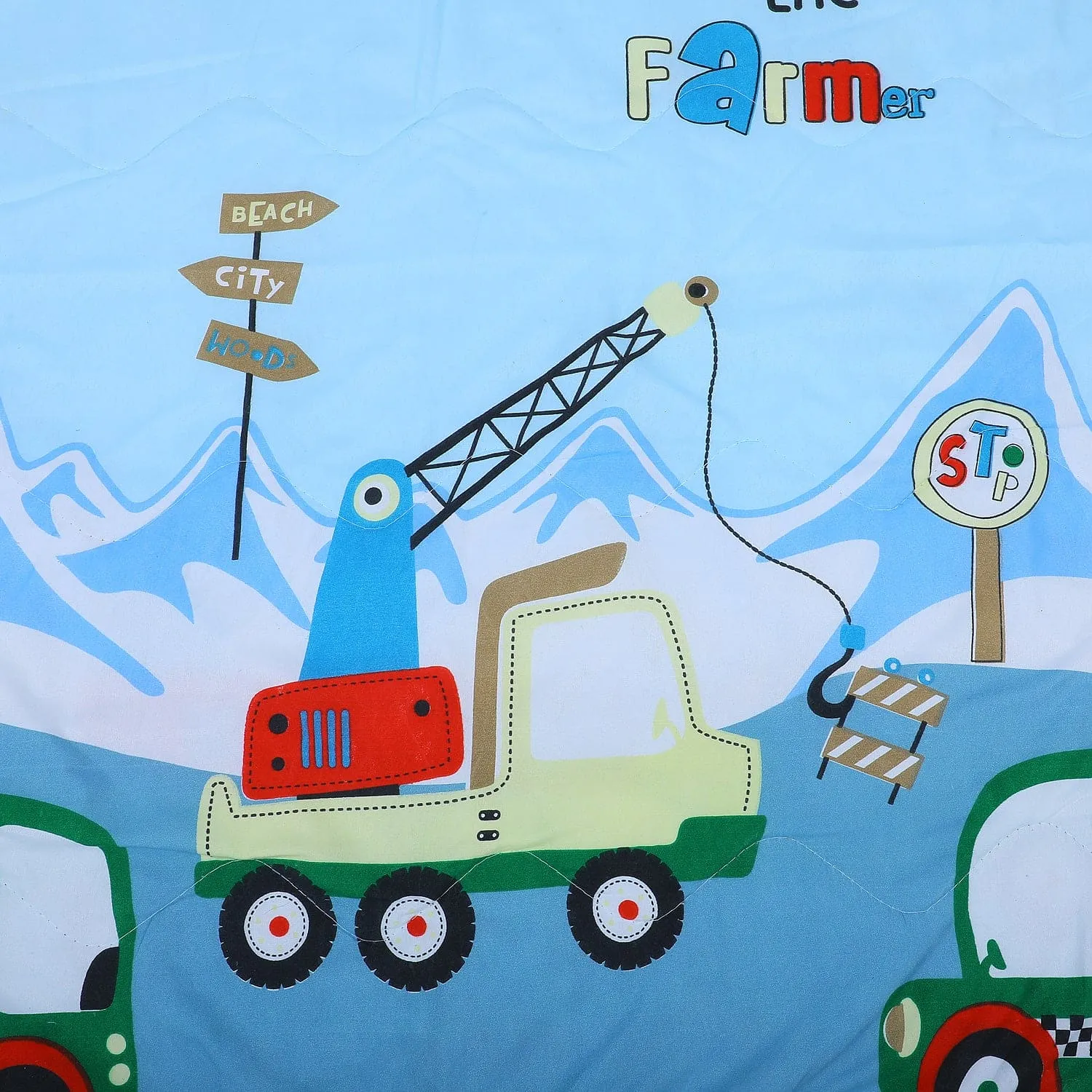 Baby Moo Farm Construction Soft Quilted Premium Reversible Blanket - Blue