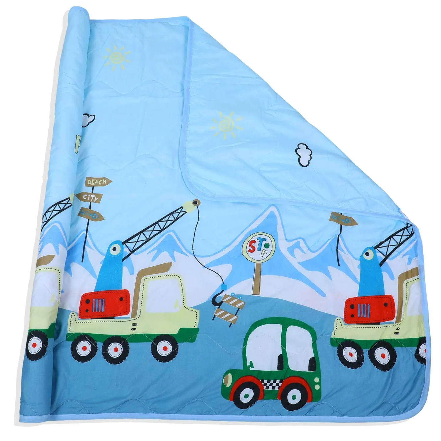 Baby Moo Farm Construction Soft Quilted Premium Reversible Blanket - Blue