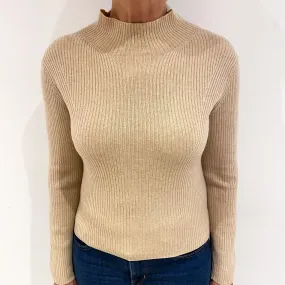Beige Brown Ribbed Cashmere Turtle Neck Jumper Medium