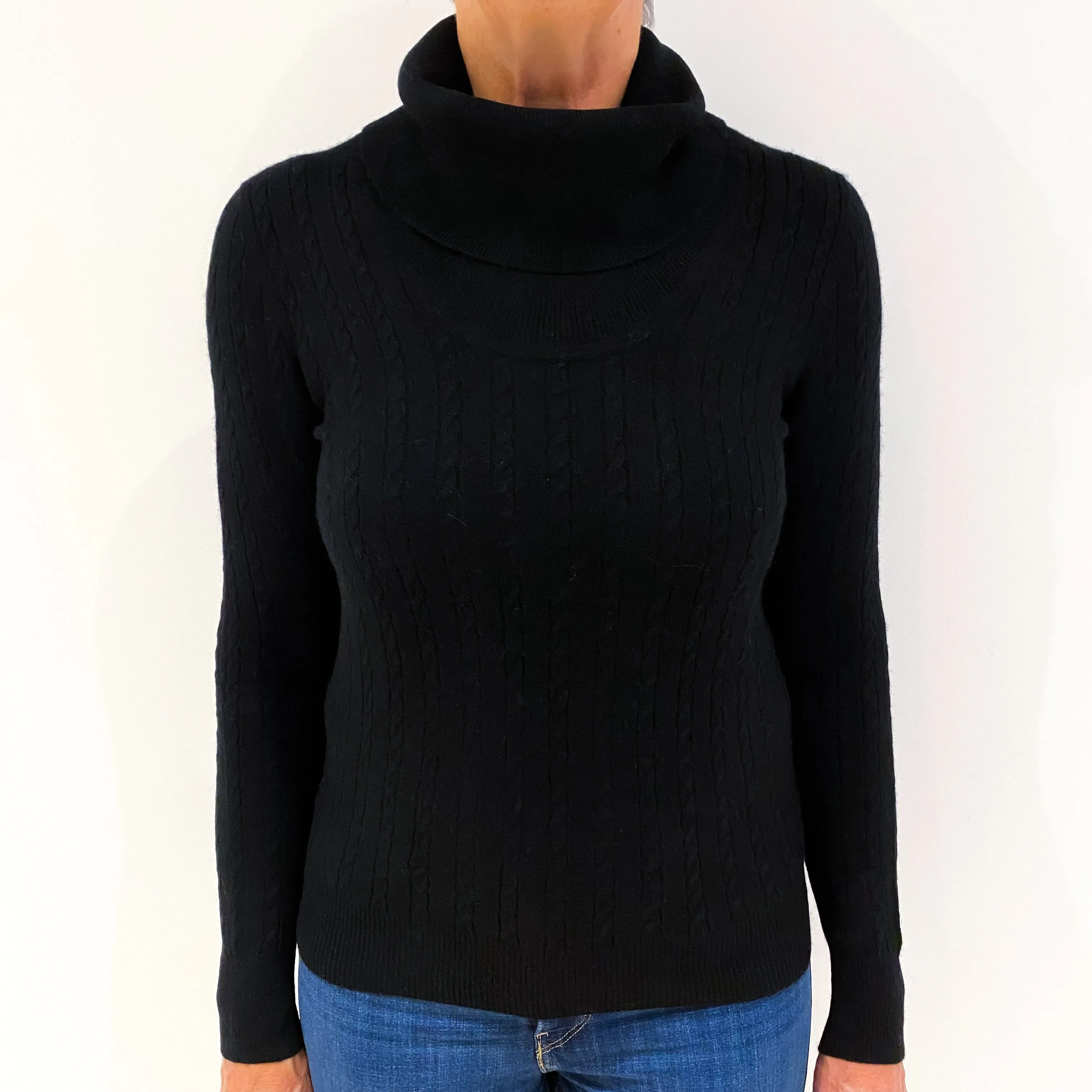 Black Cable Knit Cashmere Polo Neck Jumper Medium