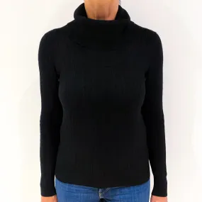Black Cable Knit Cashmere Polo Neck Jumper Medium