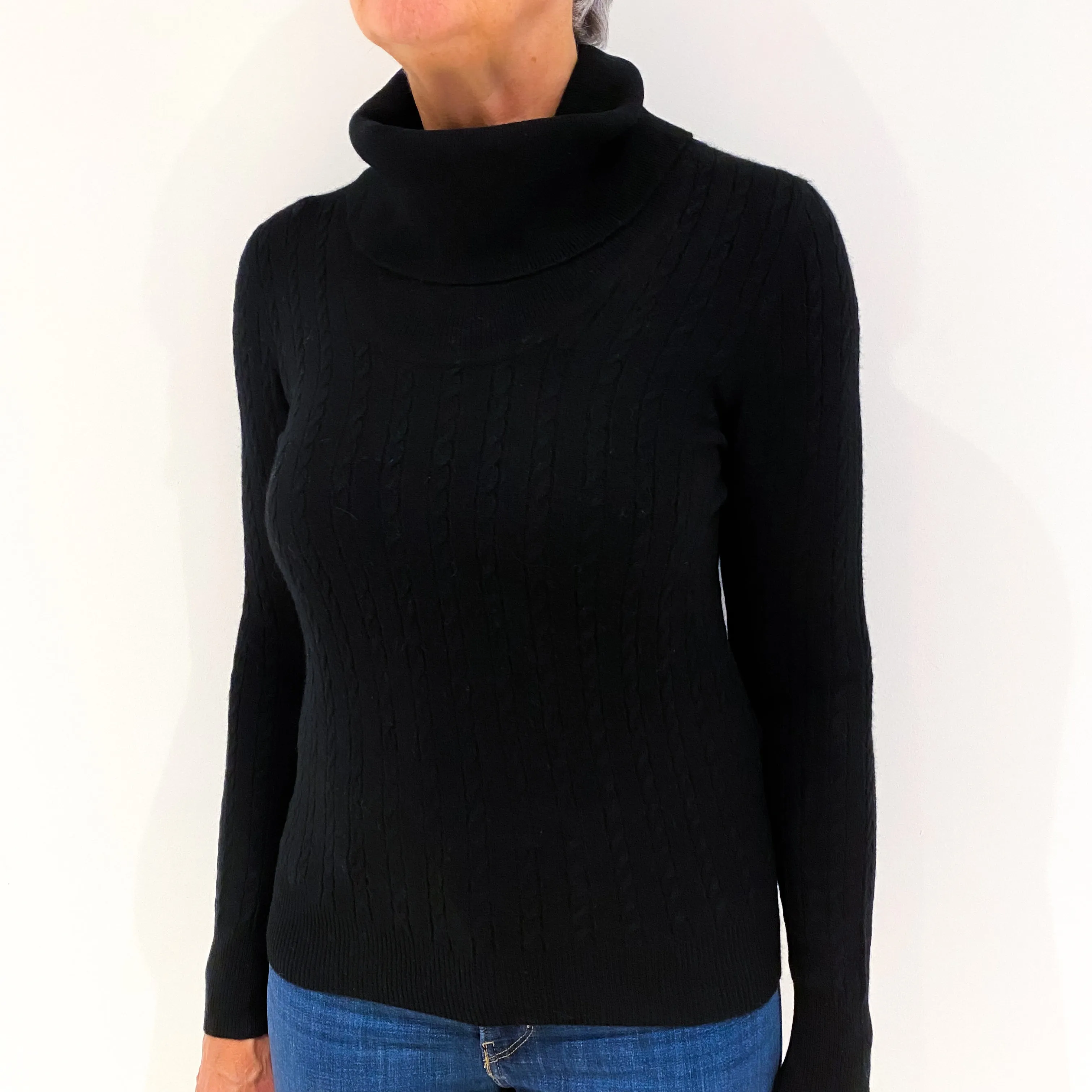 Black Cable Knit Cashmere Polo Neck Jumper Medium