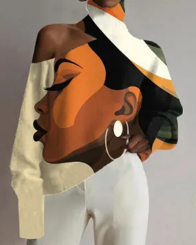 Black Girl Oil Painting Art Color Matching Print Off-shoulder Top