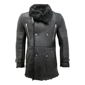 Black Reefer Double-Breasted Warm Real Leather Coat