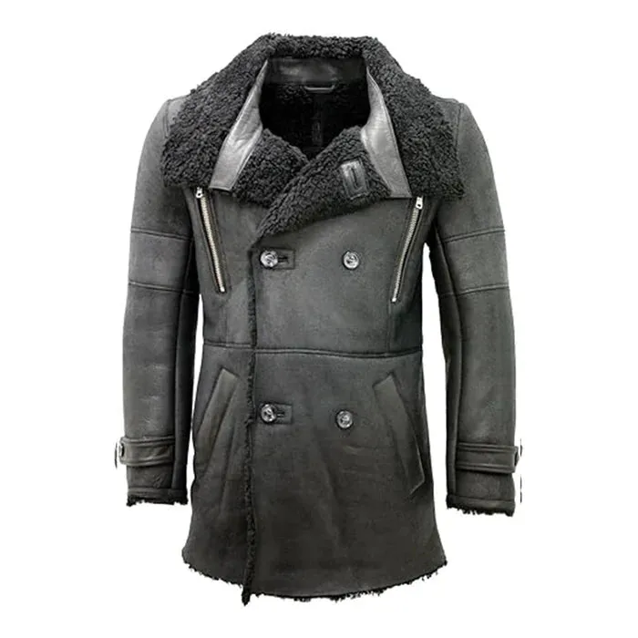 Black Reefer Double-Breasted Warm Real Leather Coat