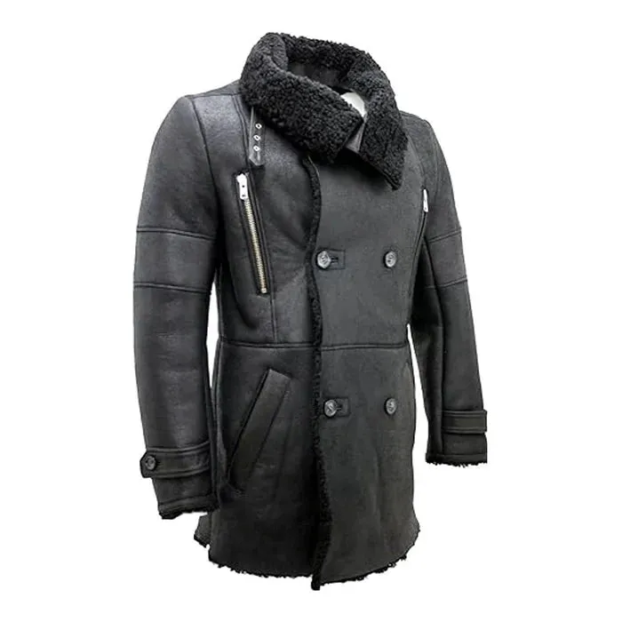Black Reefer Double-Breasted Warm Real Leather Coat
