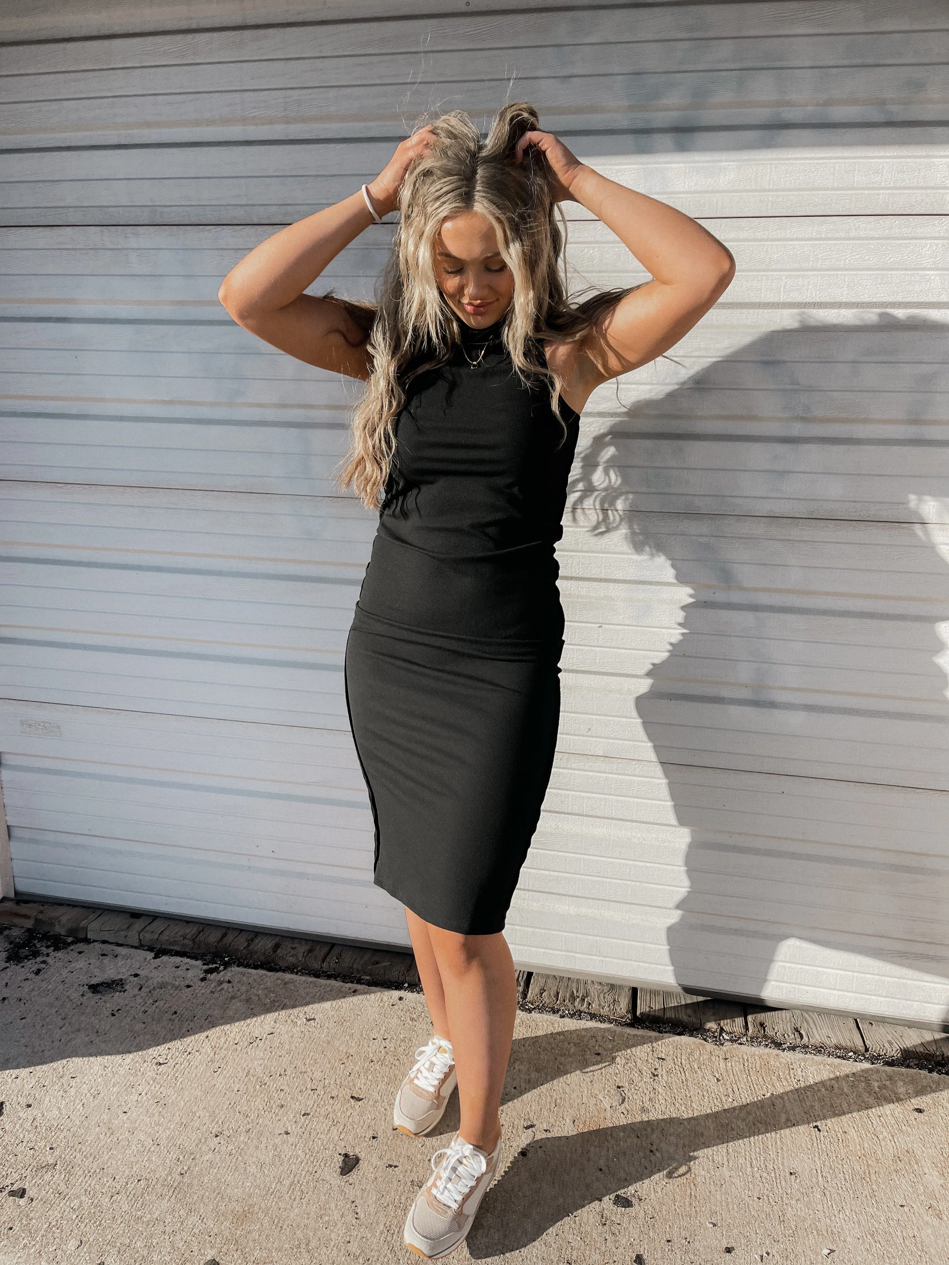 Black Ribbed Knit Midi Dress