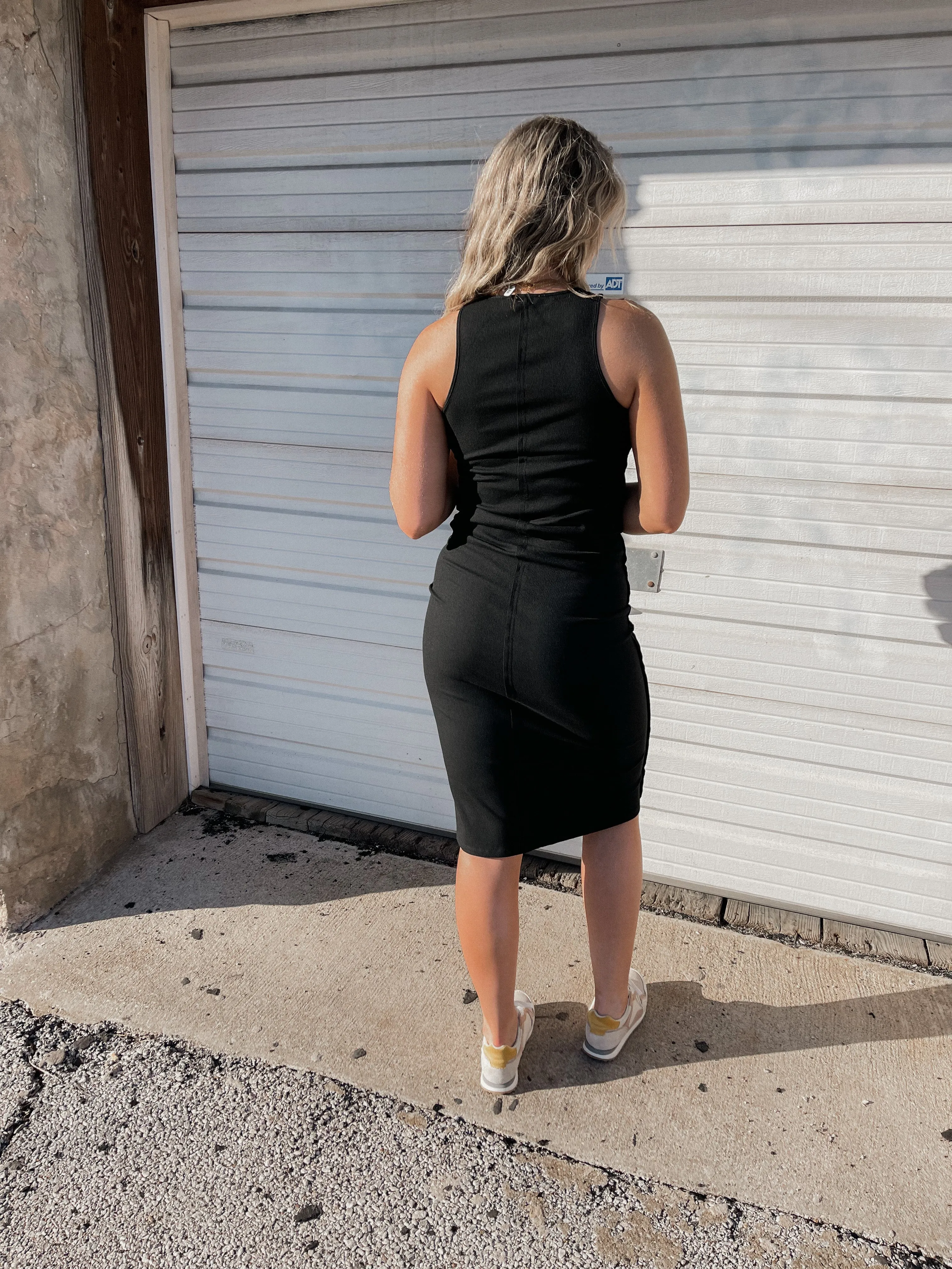 Black Ribbed Knit Midi Dress