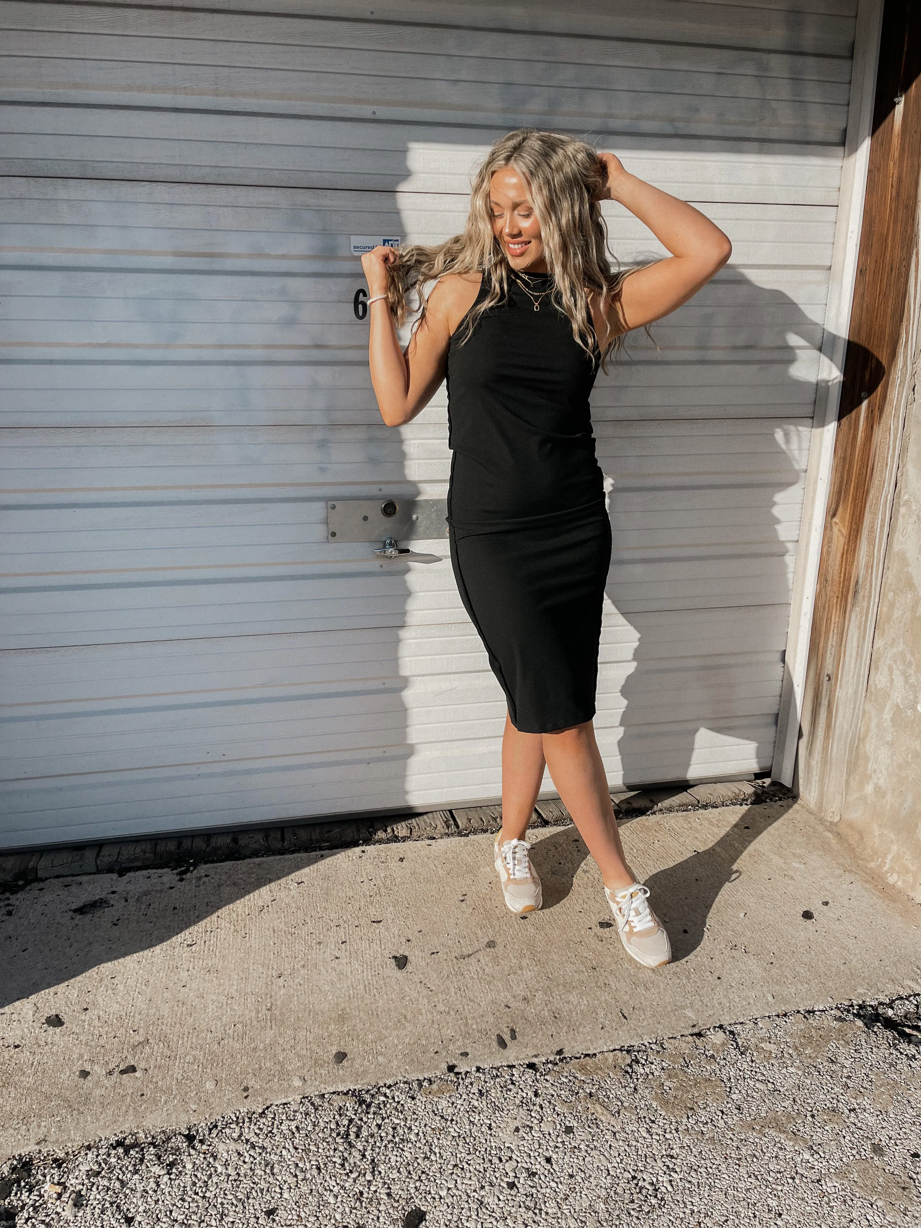 Black Ribbed Knit Midi Dress