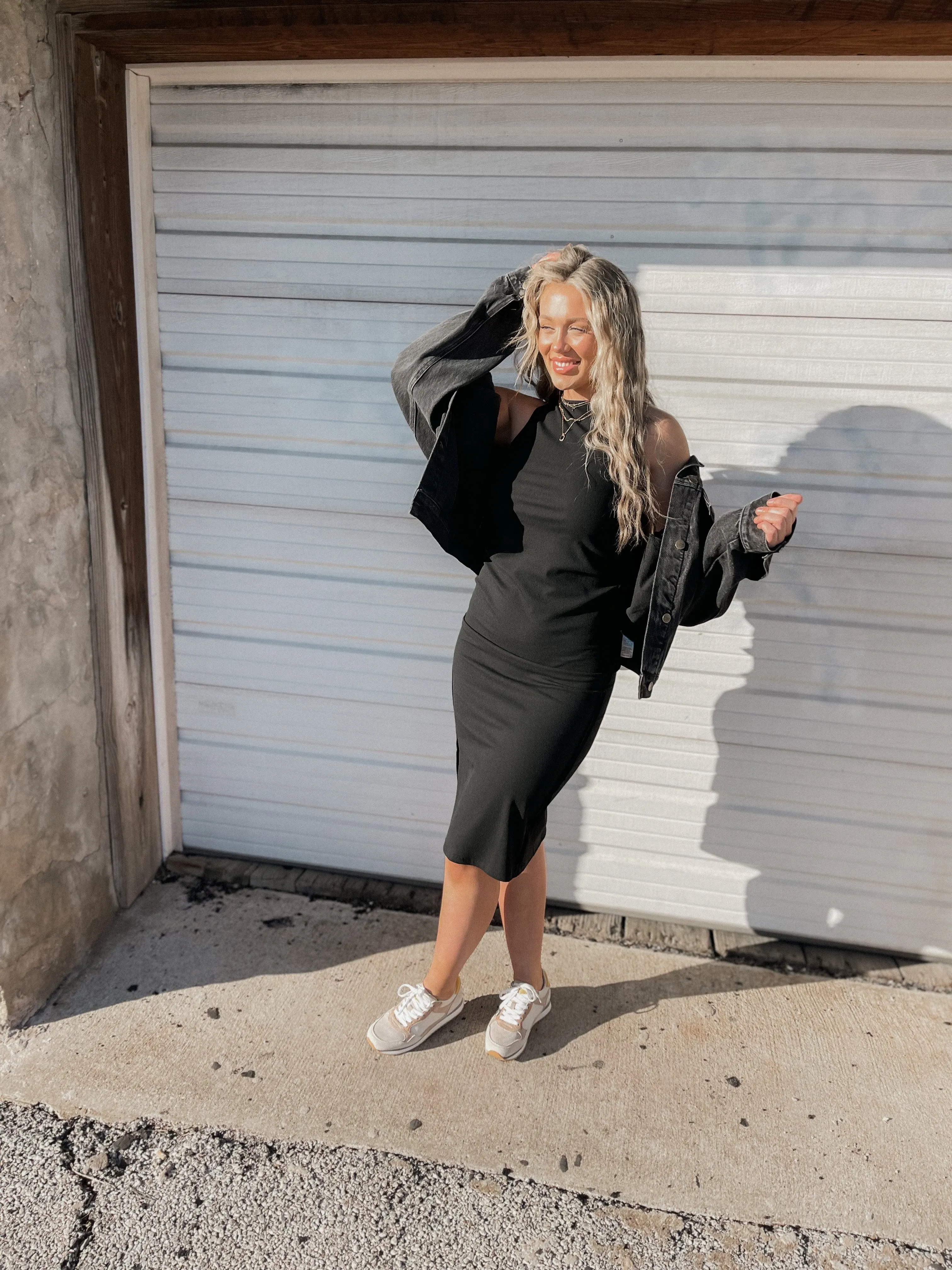 Black Ribbed Knit Midi Dress