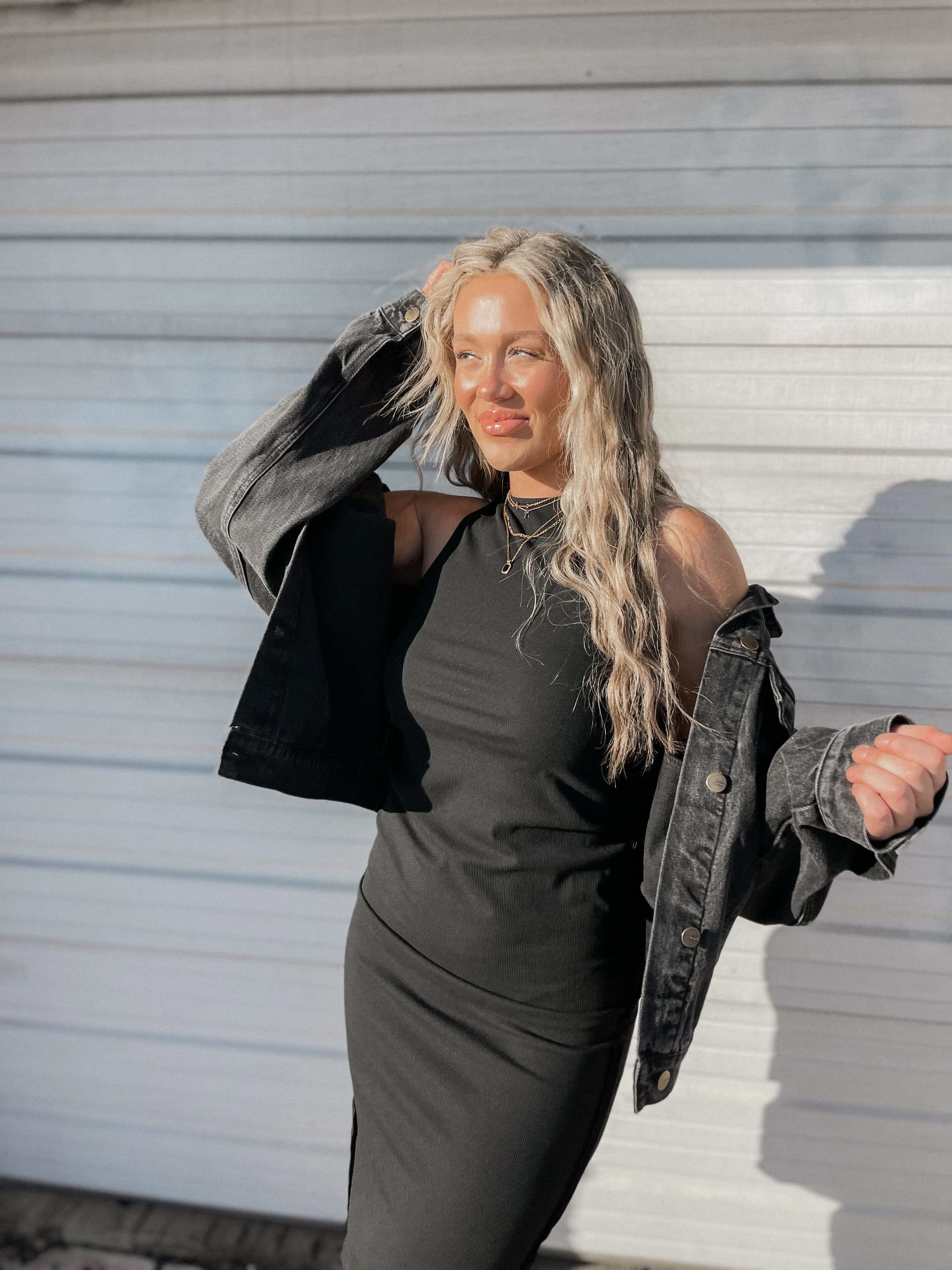 Black Ribbed Knit Midi Dress