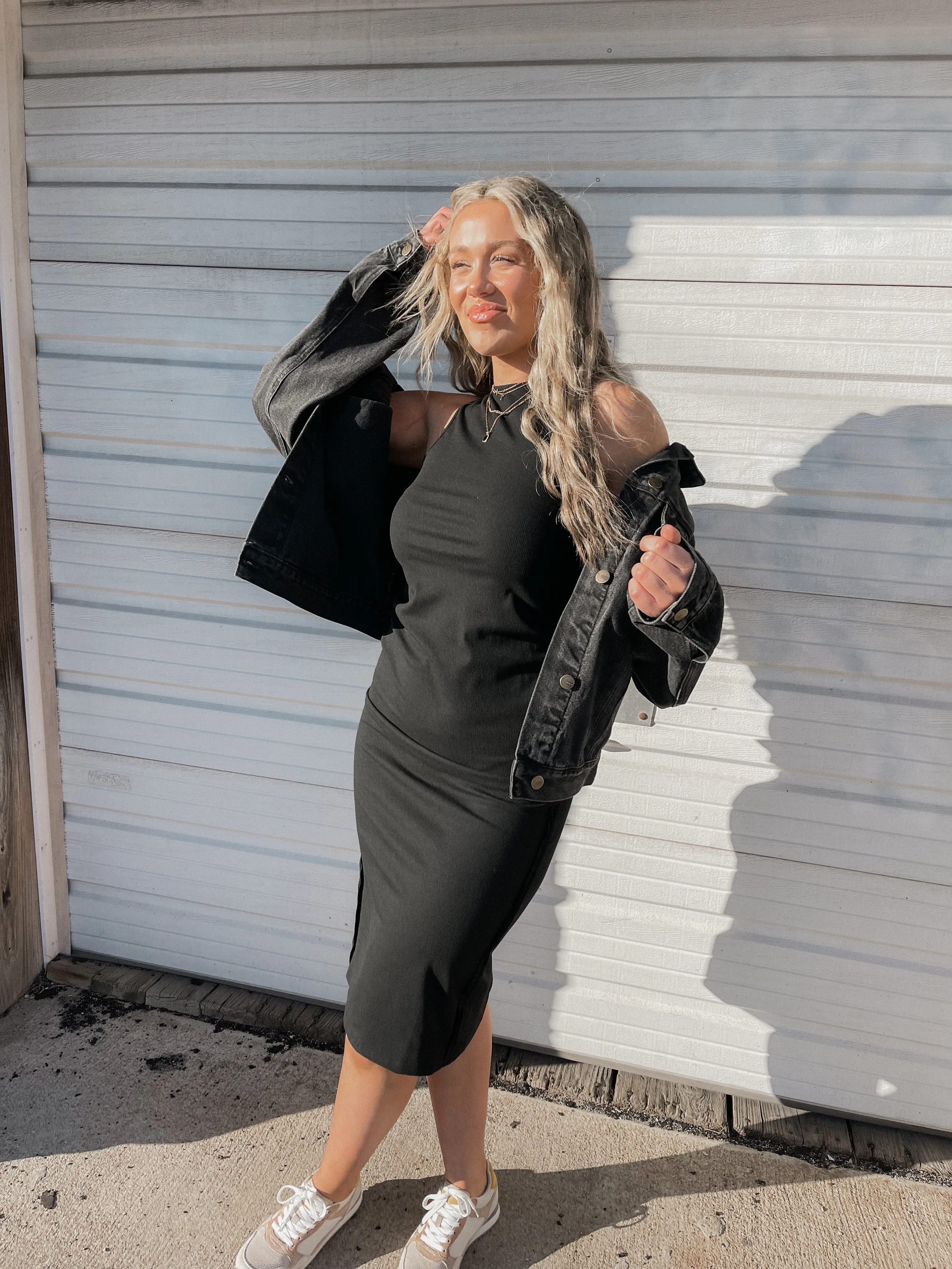 Black Ribbed Knit Midi Dress