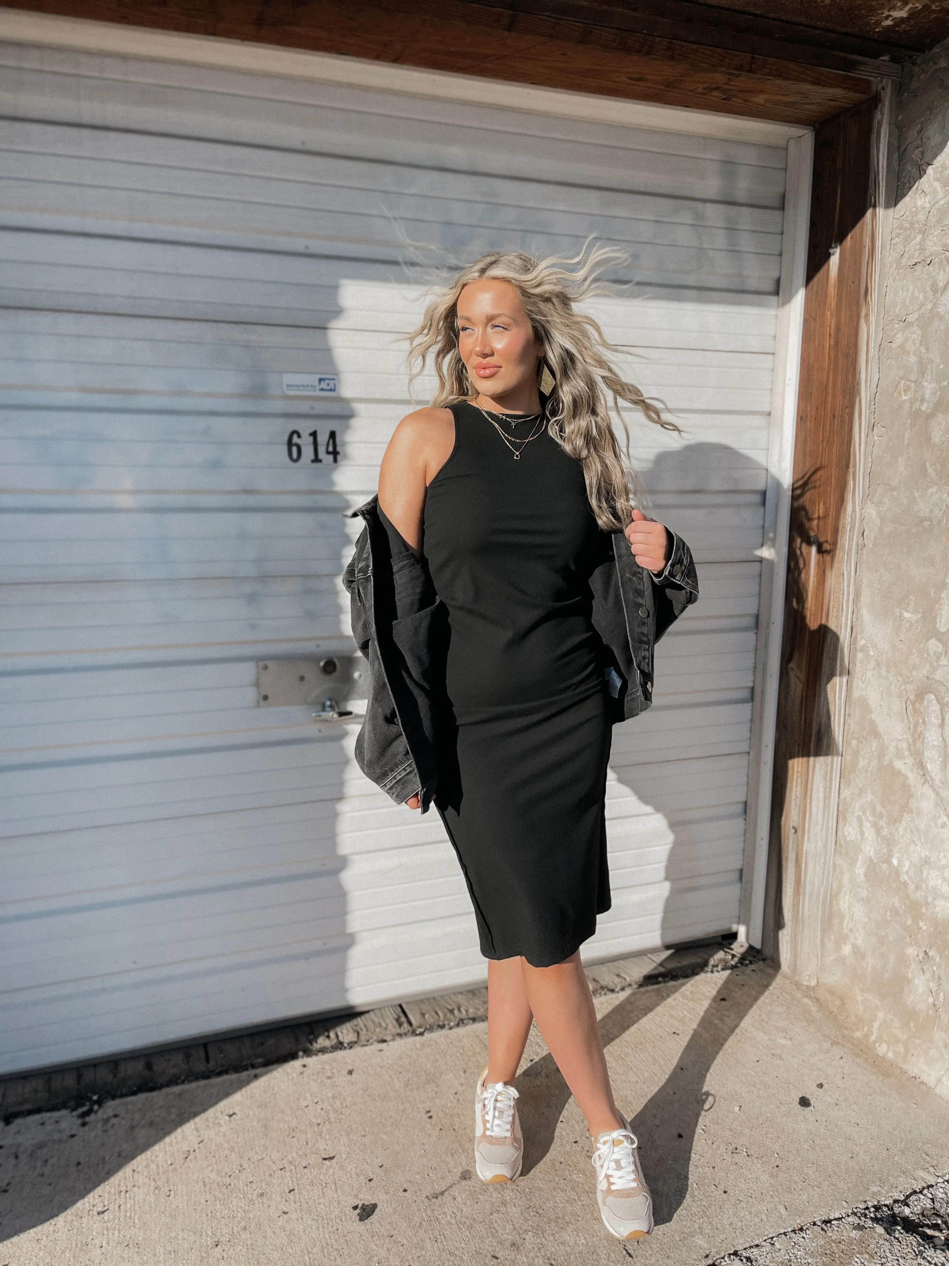 Black Ribbed Knit Midi Dress