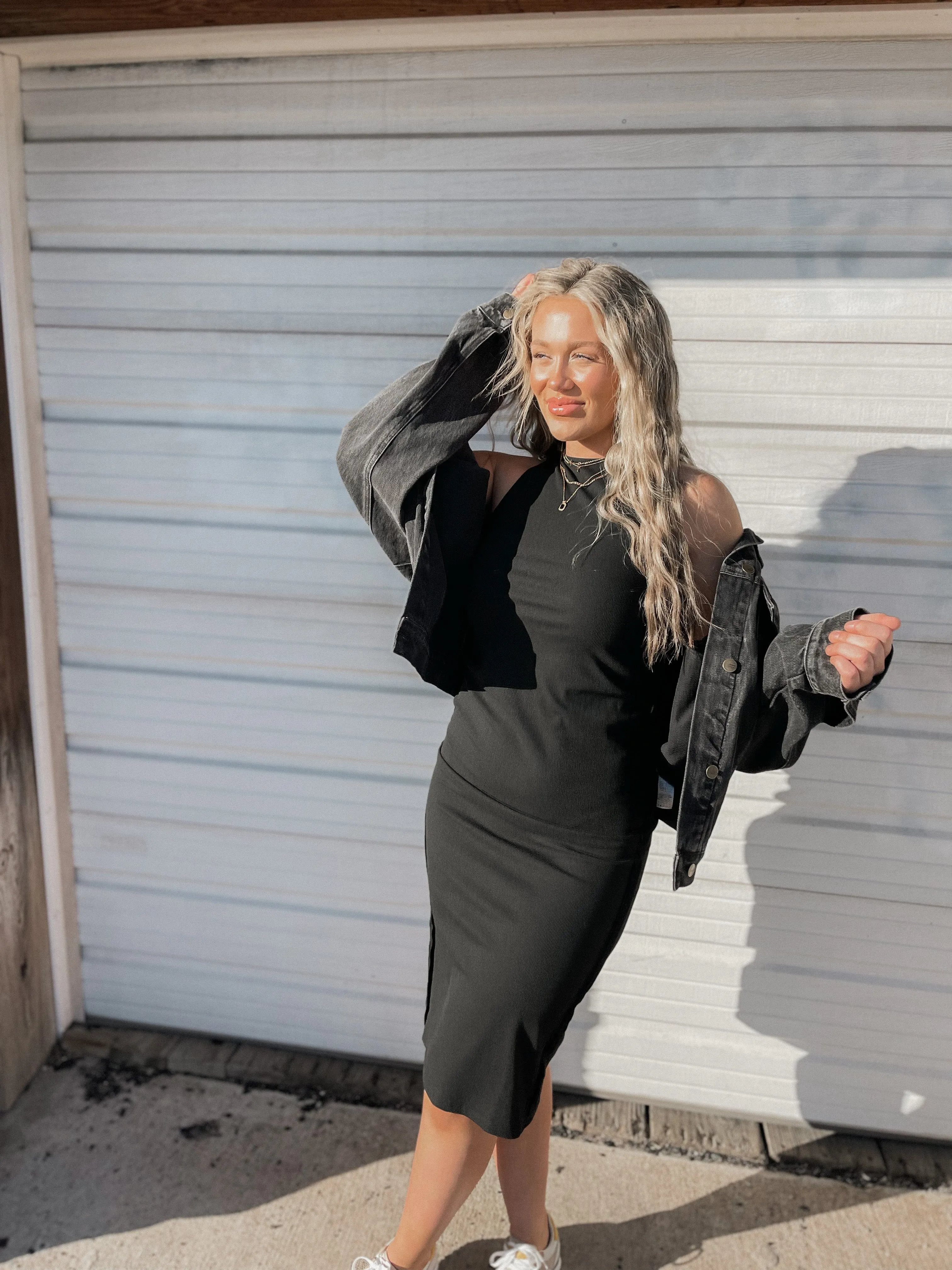 Black Ribbed Knit Midi Dress