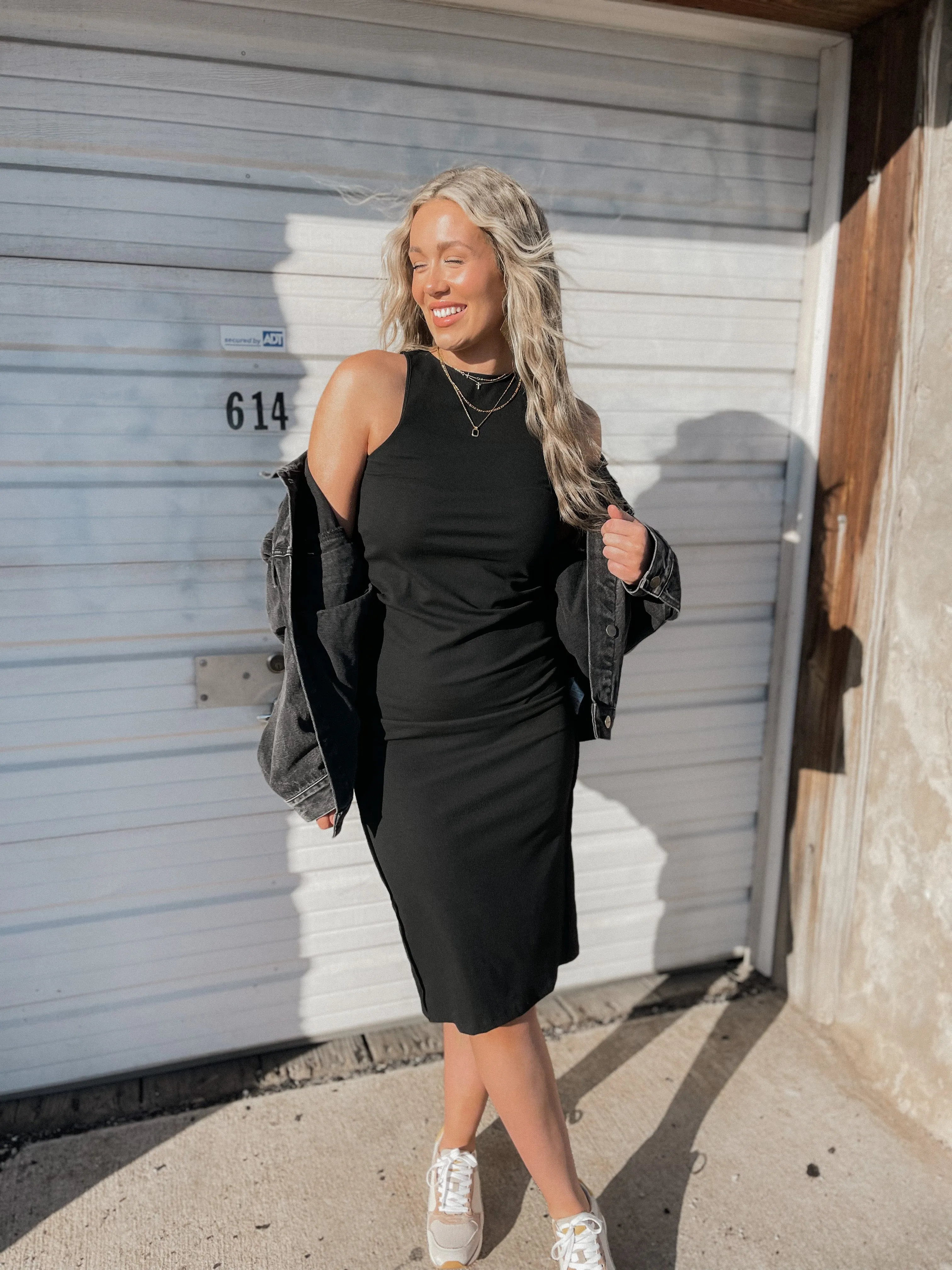 Black Ribbed Knit Midi Dress