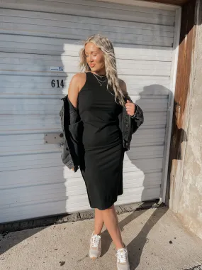 Black Ribbed Knit Midi Dress