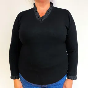 Black Ruffle Trim Cashmere V-Neck Jumper Extra Large