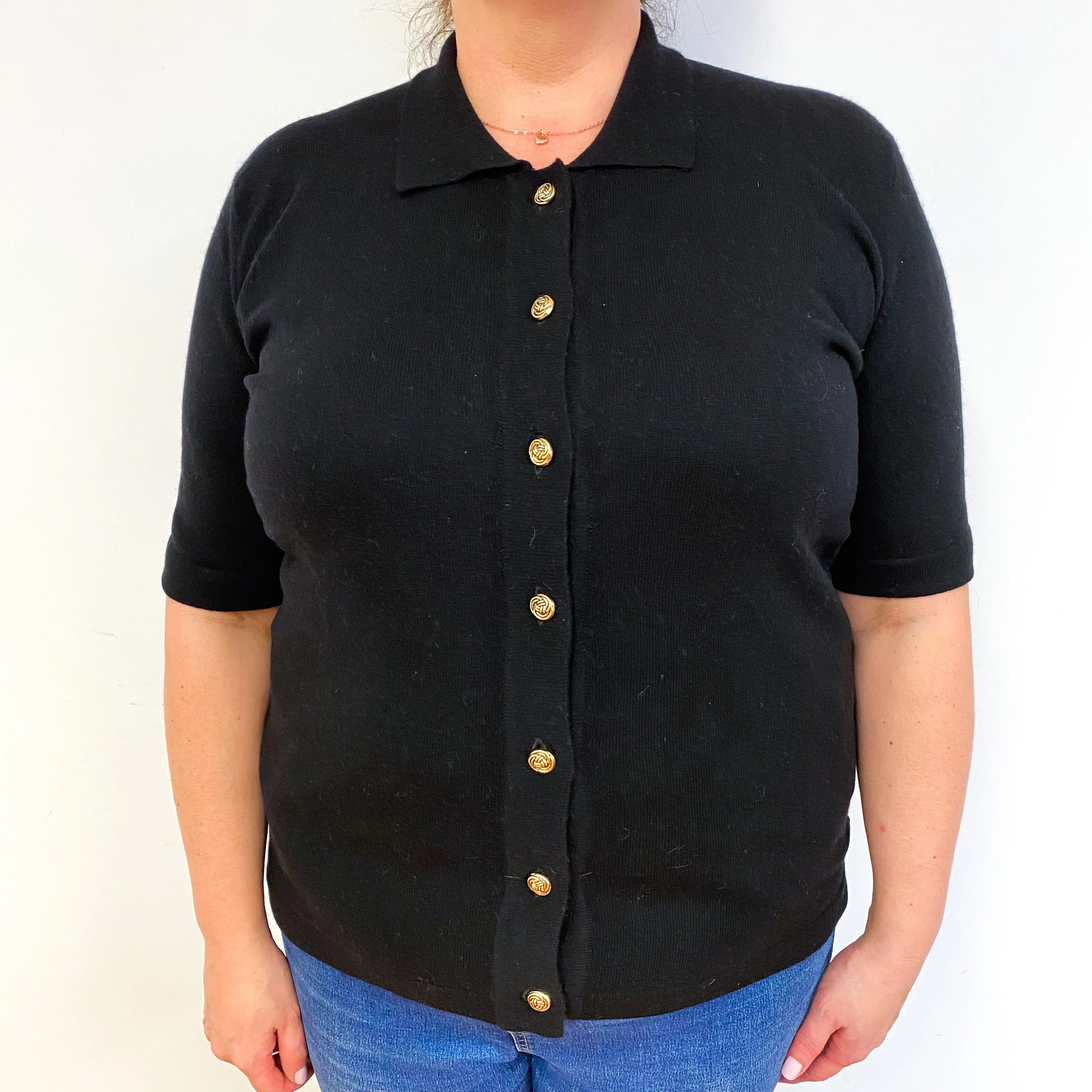 Black Short Sleeve Cashmere Collared Cardigan Extra Large