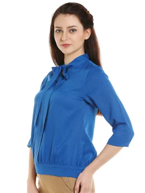 Blue Solid Tie Up Neck Top