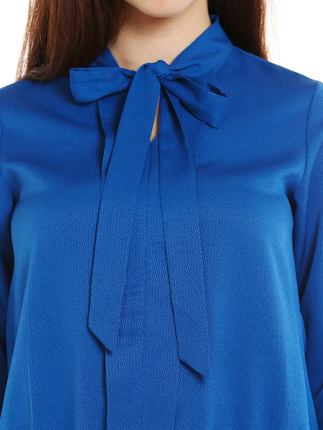Blue Solid Tie Up Neck Top