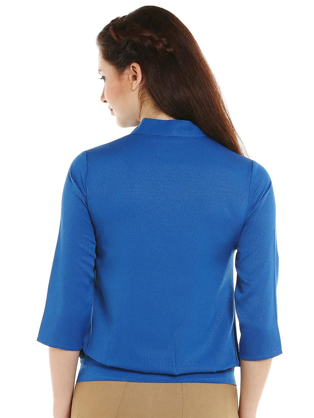 Blue Solid Tie Up Neck Top