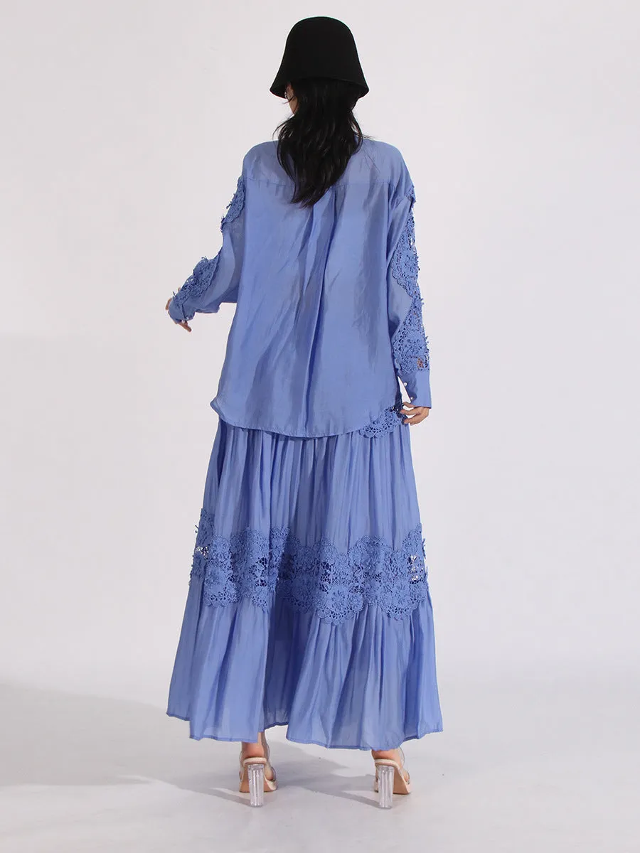 Bohemian French Blue Lace & Floral Embroidered 2-Piece Set