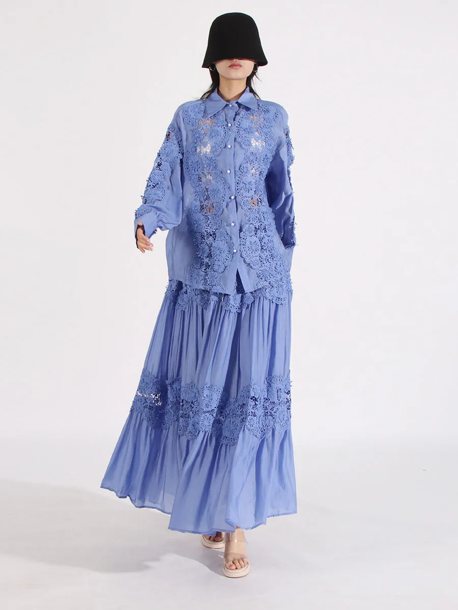 Bohemian French Blue Lace & Floral Embroidered 2-Piece Set