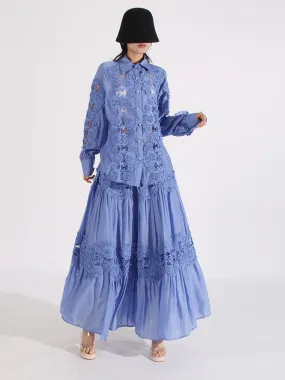 Bohemian French Blue Lace & Floral Embroidered 2-Piece Set