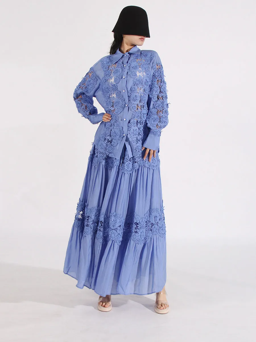 Bohemian French Blue Lace & Floral Embroidered 2-Piece Set