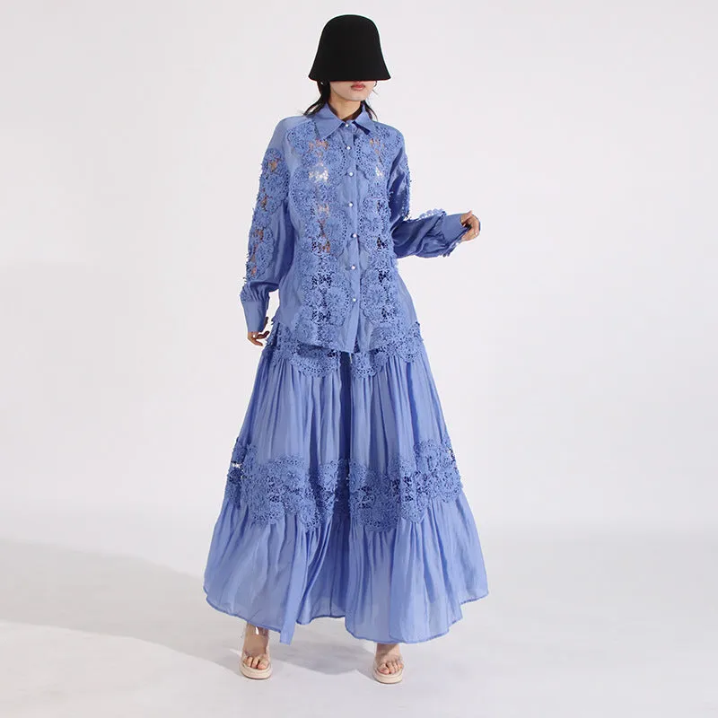 Bohemian French Blue Lace & Floral Embroidered 2-Piece Set
