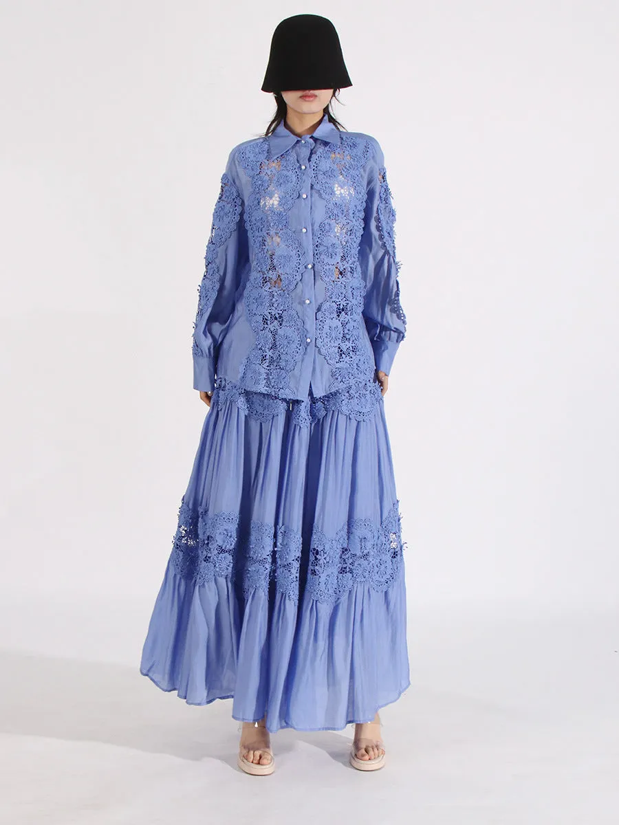 Bohemian French Blue Lace & Floral Embroidered 2-Piece Set