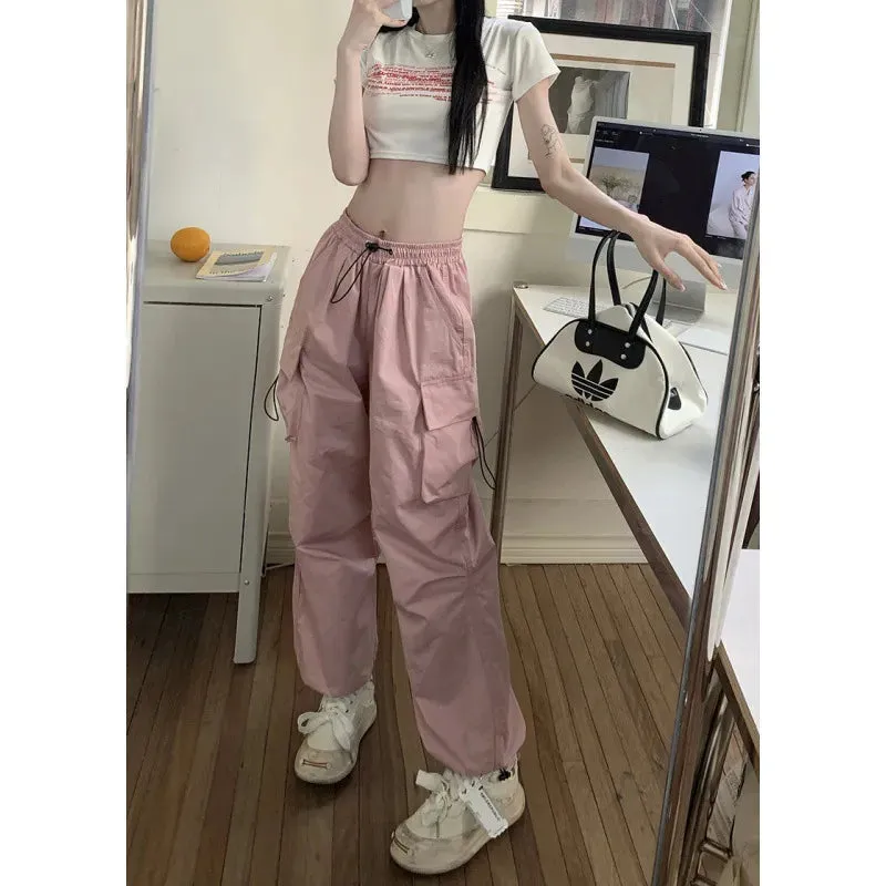 Bonnyshow Women Casual Joggers Tech Pants Solid Low Waist Sweatpants Drawstring Wide Leg Baggy Trousers Y2k Streetwear Oversize Sweatpants